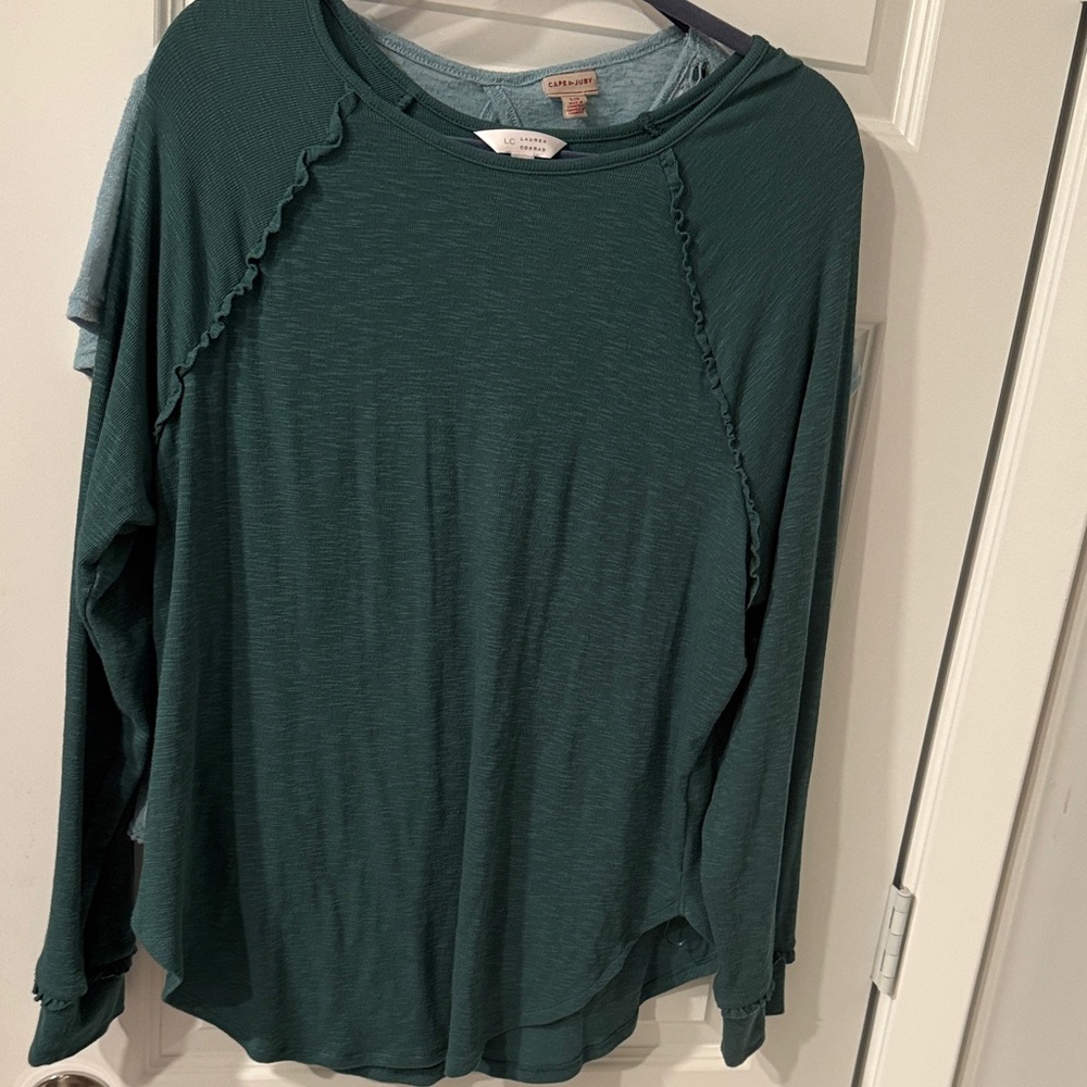 LC Lauren Conrad Long Sleeve Ruffle Trim Tee Teal Green M Medium Tunic sweater